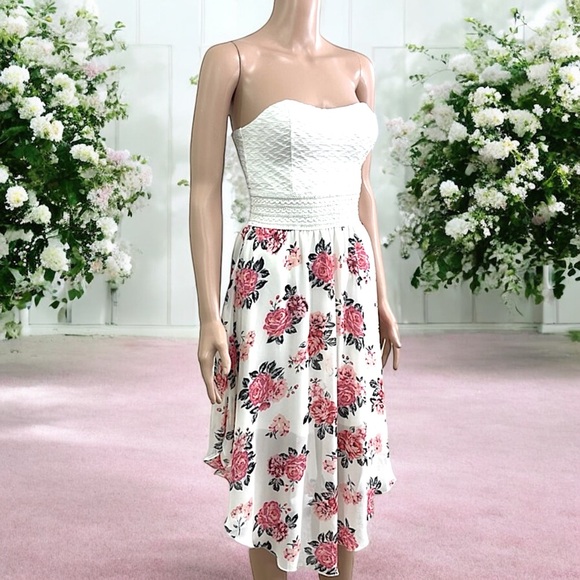 No Boundaries Strapless Floral Print Flowy Asymmetrical Chiffon Skirt Dress - Picture 12 of 16